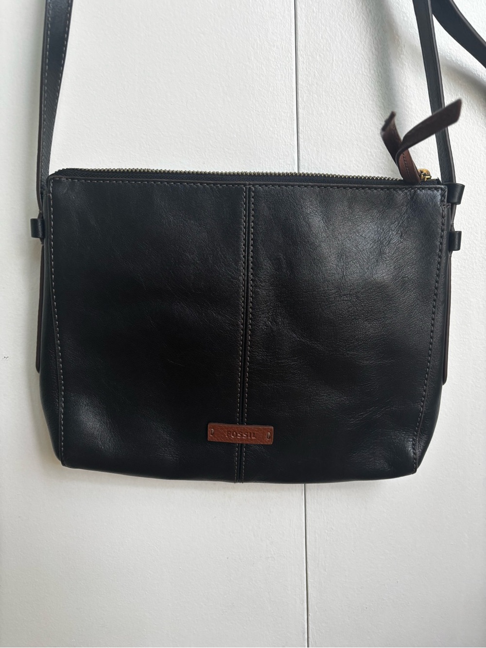 Fossil Black Leather Crossbody with Brown Logo Tab